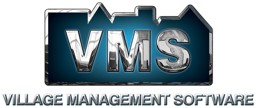 The logo for village management software is blue and silver.