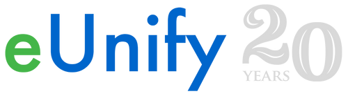 A blue and green logo for eunify 20 years