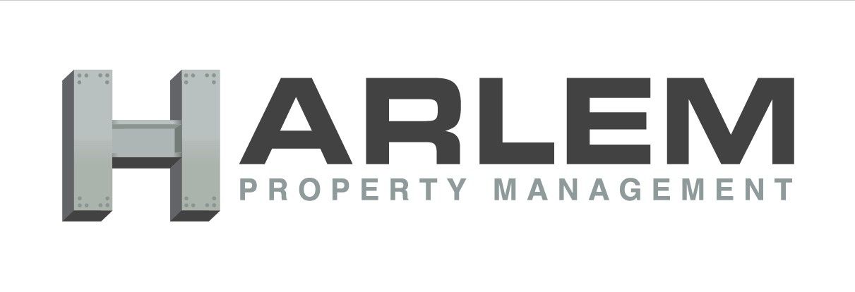 the harlem property management logo is gray and black .