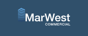 the logo for marwest commercial is blue and white .