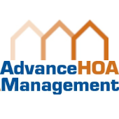 the logo for advance hoa management has three houses on it .