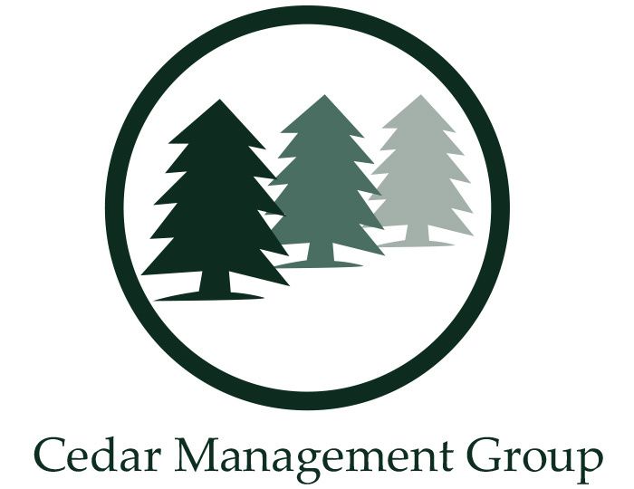 a logo for cedar management group with three trees in a circle