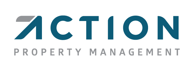 the logo for action property management is blue and white .