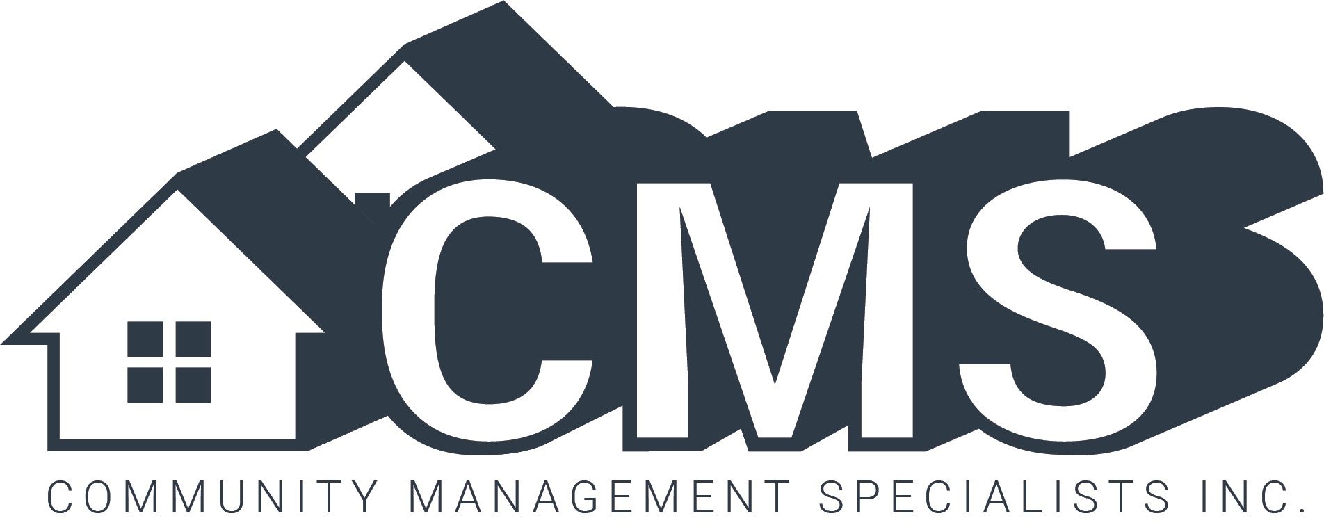 Logo for Community Management Specialists Inc.: Dark blue graphic of a house and text 