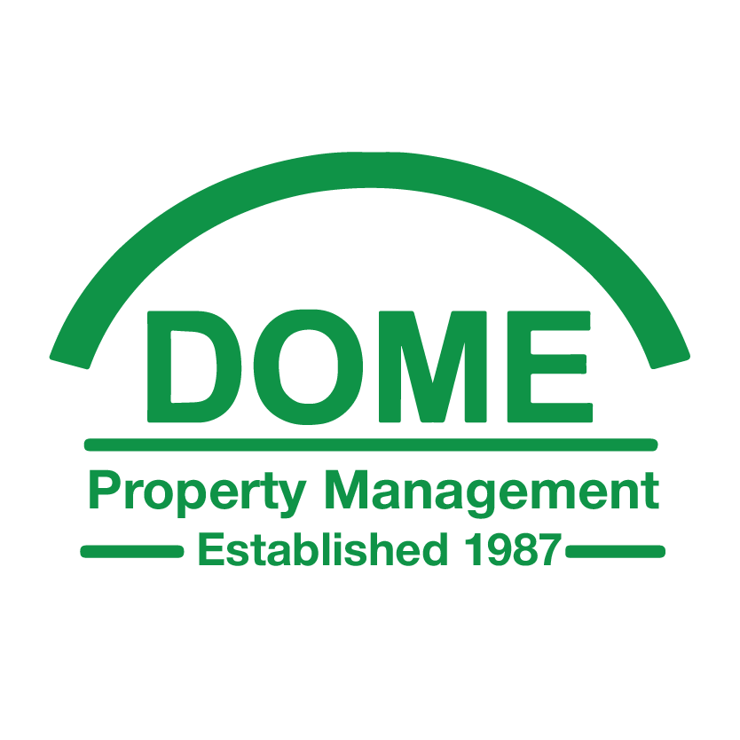 The dome property management logo is green and white and established in 1987.
