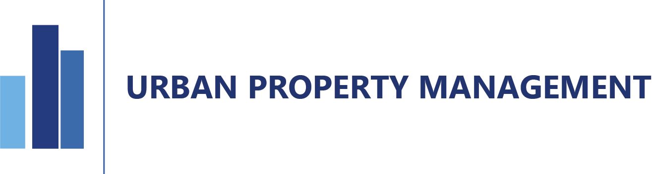 The logo for urban property management is blue and white.