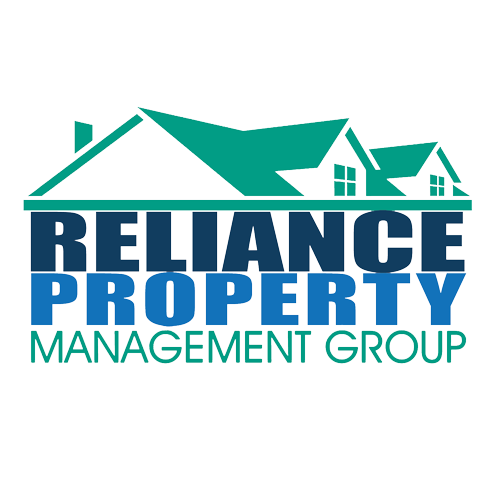 The logo for reliance property management group shows a house with a roof.