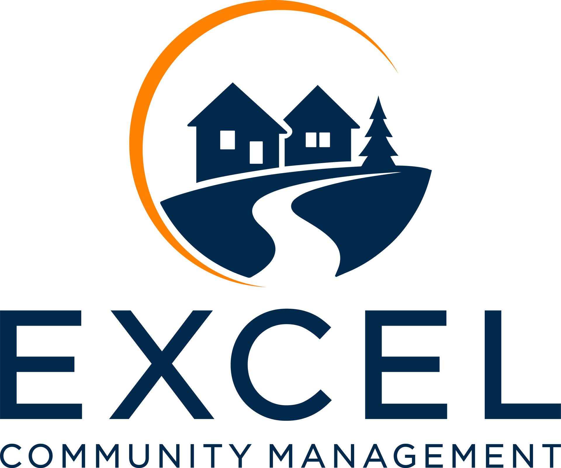 Logo for Excel Community Management: a dark blue graphic of two houses and a pine tree above a winding path in an orange arc.