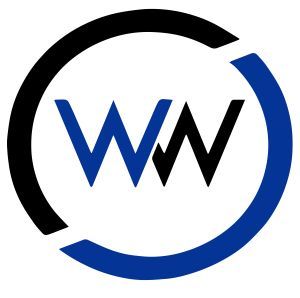 A blue and black logo with the letter w in a circle.