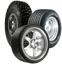 Four different car tires, each with unique tread patterns and wheel designs.