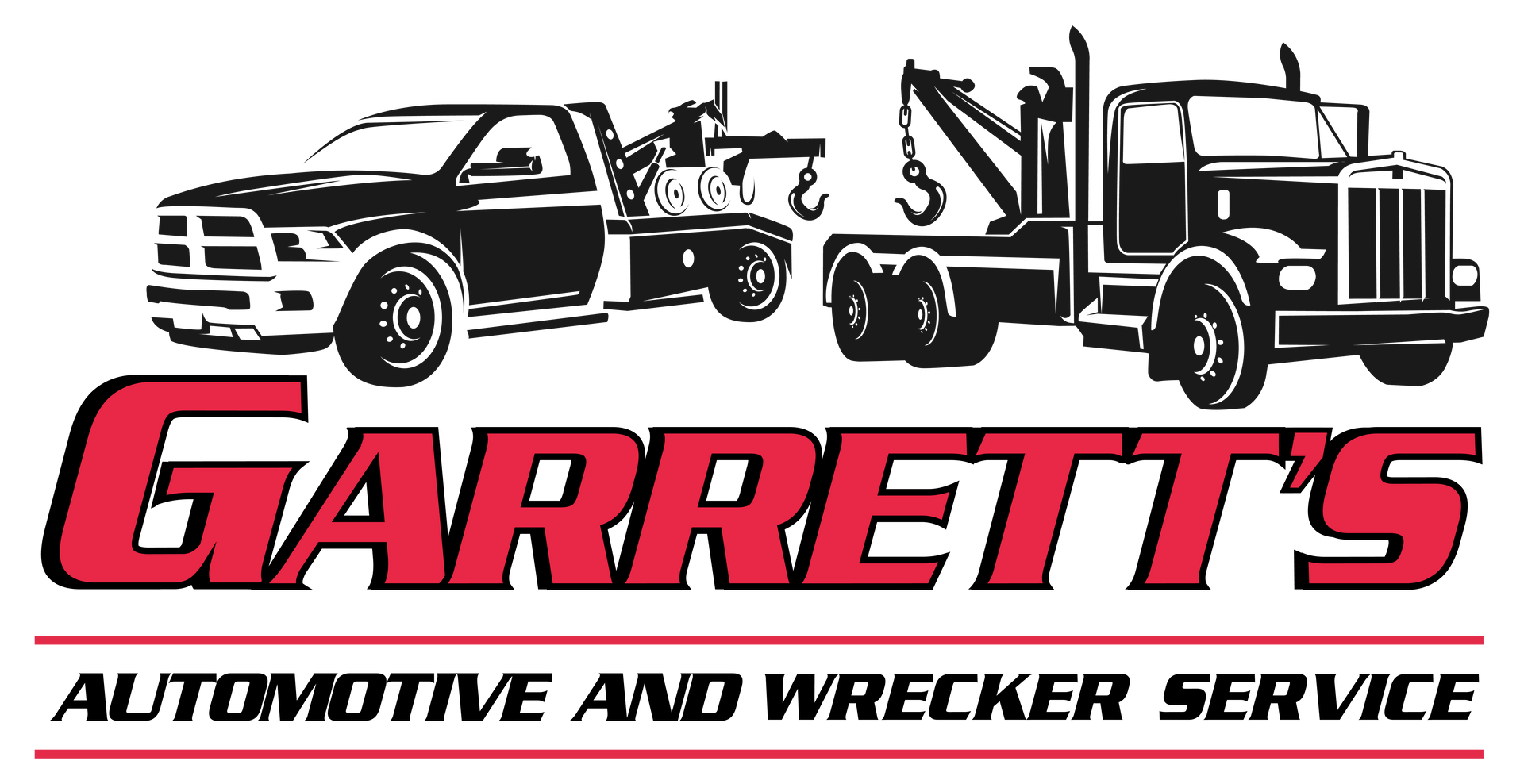 Garrett's Automotive and Wrecker Service logo: Red text over a white rectangle with tow trucks on top.
