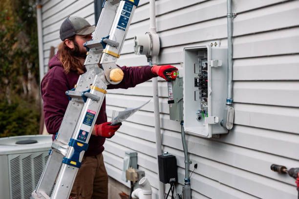 Man in red gloves repairs an electrical box on a building's exterior, using a ladder.