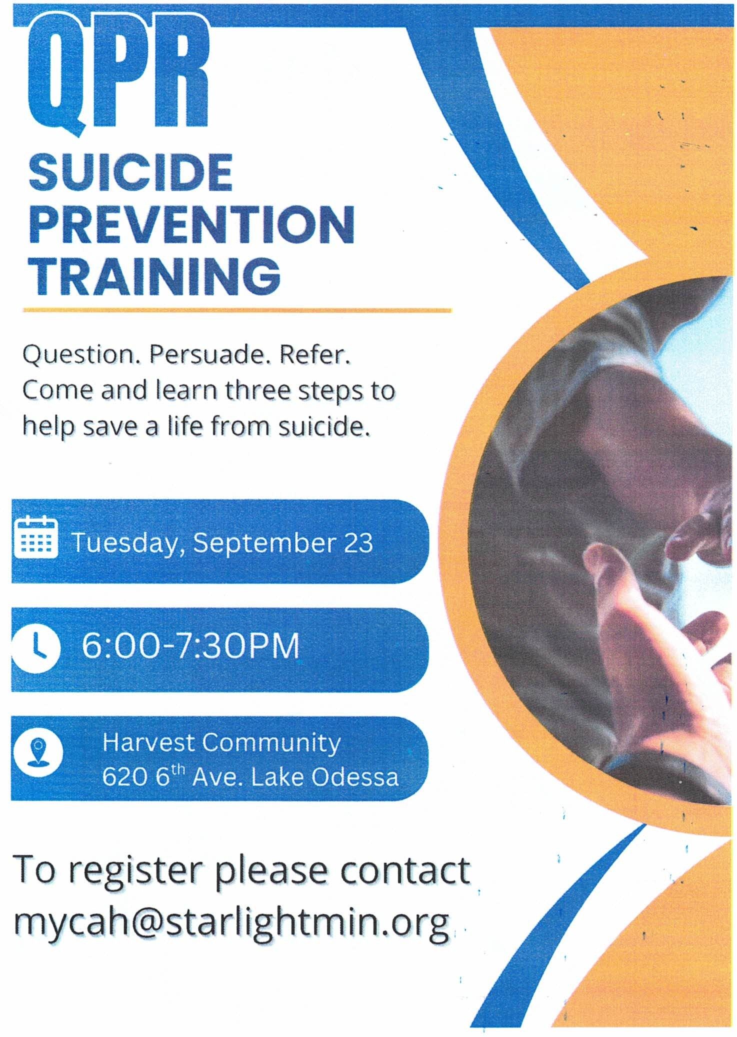 Poster for QPR suicide prevention training. Includes event date, time, location, and contact to register.