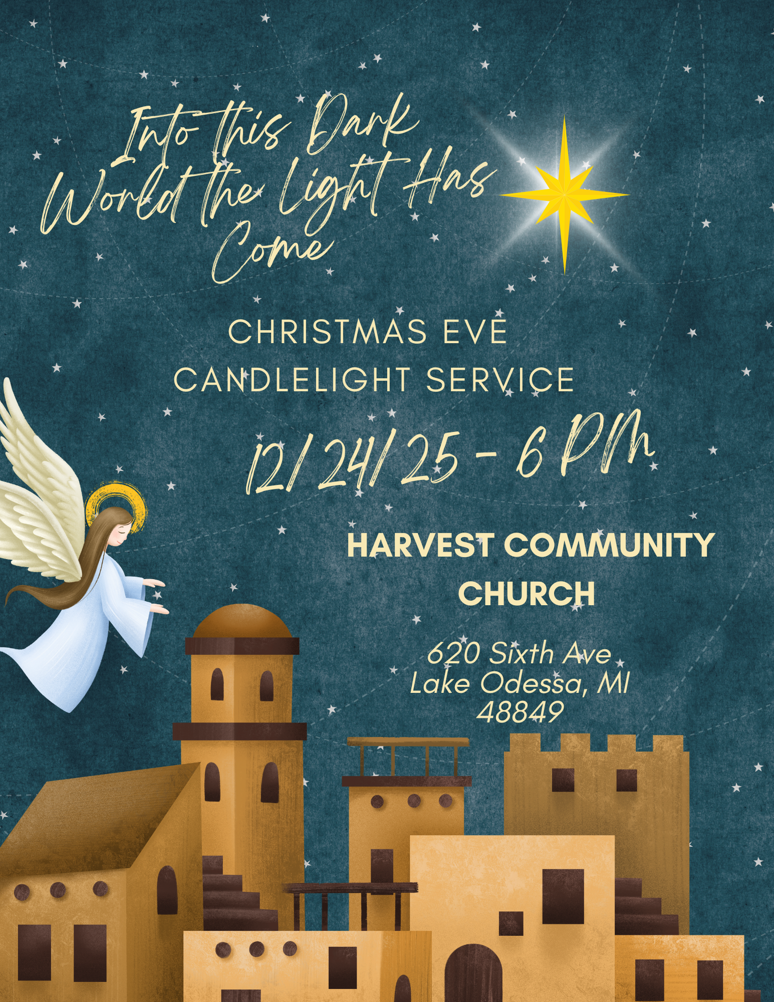 Christmas Eve candlelight service announcement. Includes an angel, star, buildings, and text.