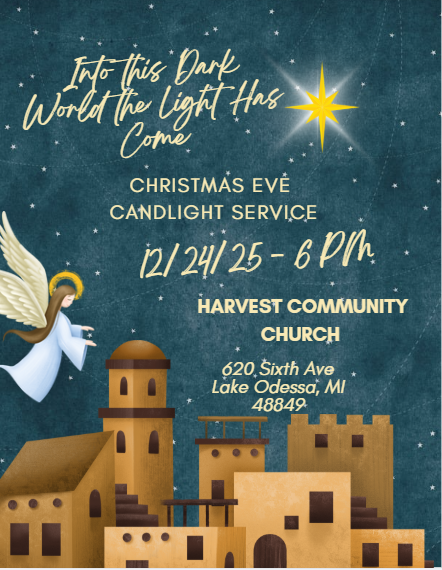 Christmas Eve candlelight service announcement. Includes an angel, star, buildings, and text.