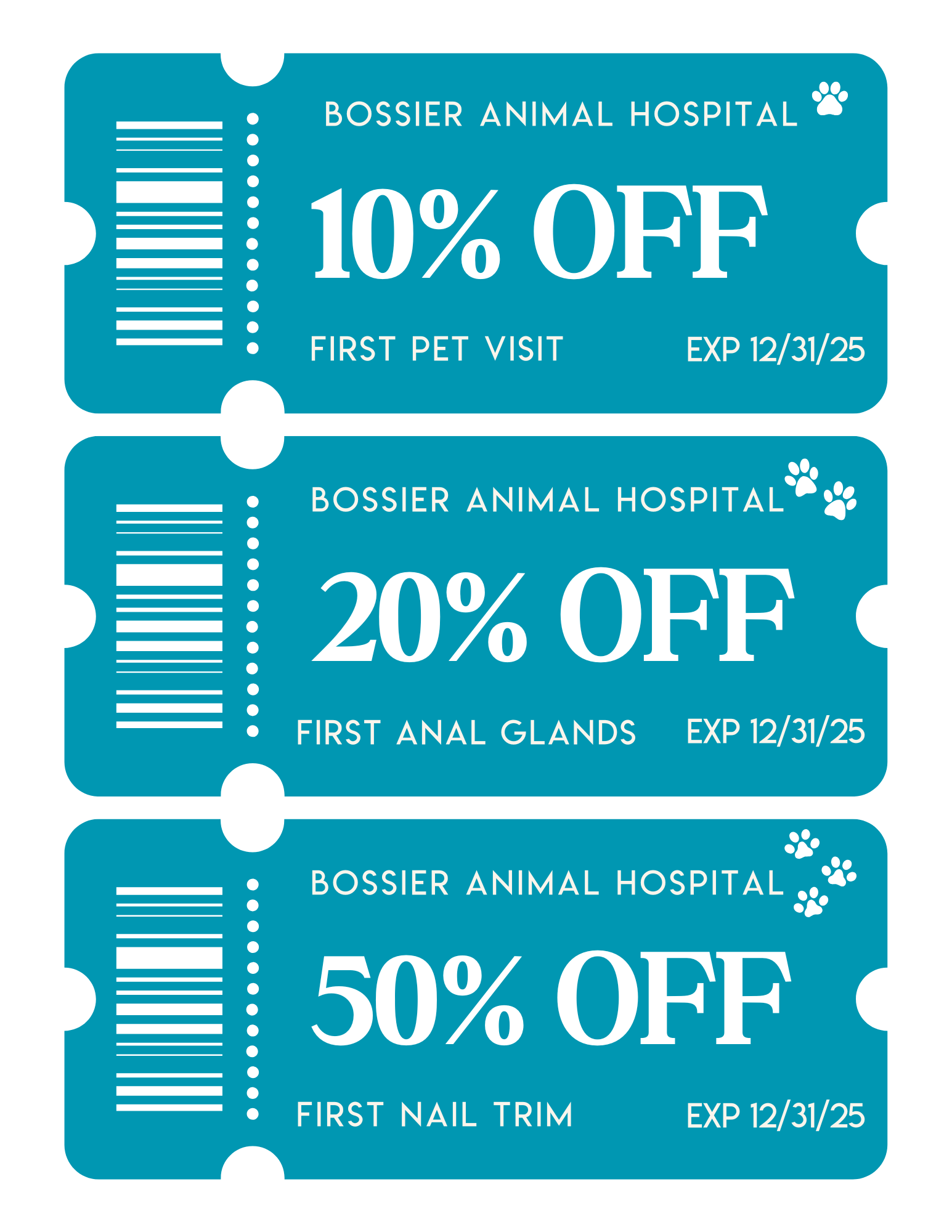 A set of three blue coupons for bossier animal hospital