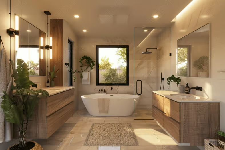 Modern bathroom with wood vanities, free-standing tub, glass shower, and large window.
