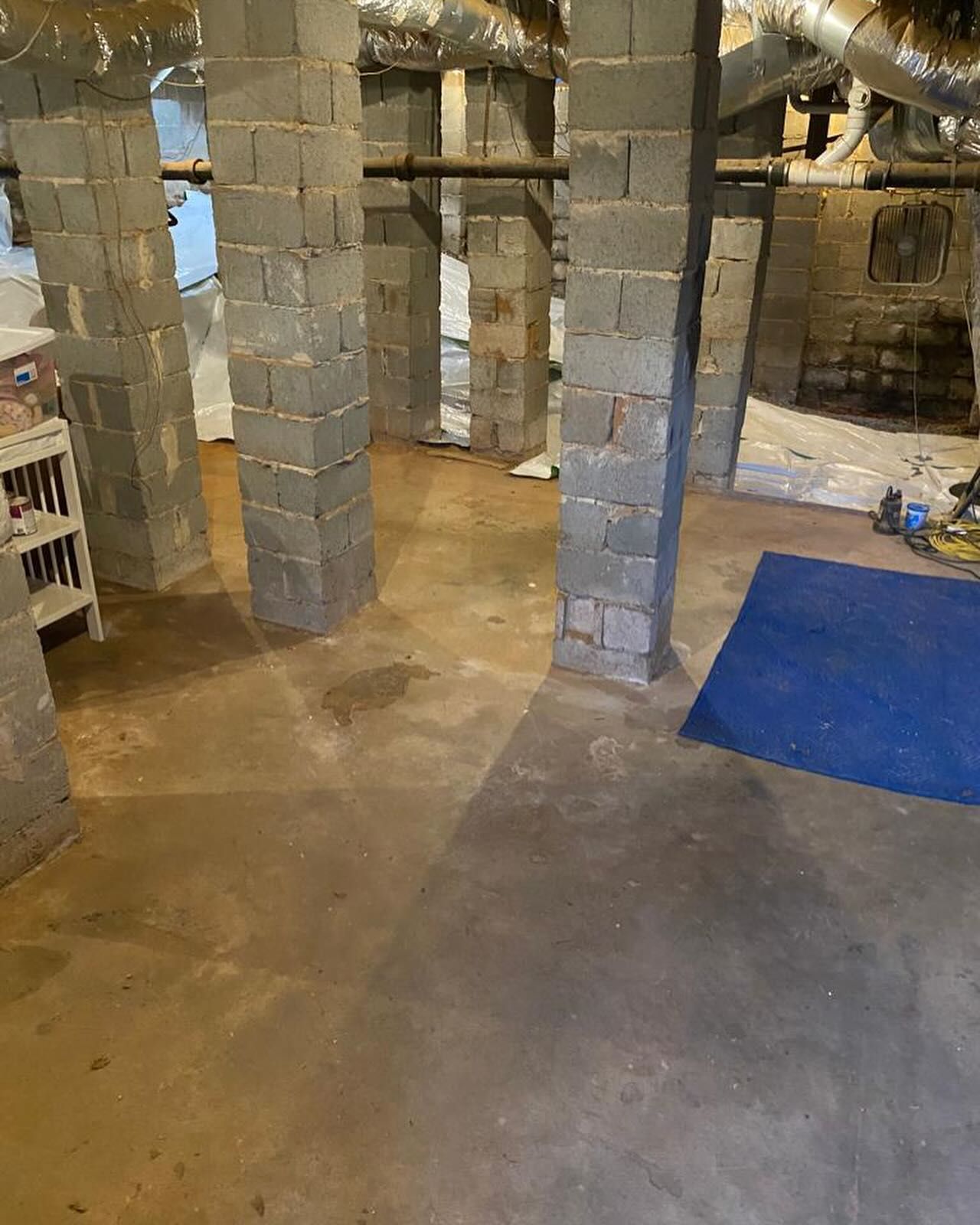 A dirty basement with brick columns and a blue rug.
