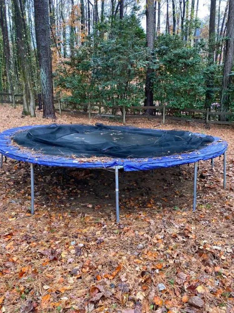 A trampoline is sitting on top of a pile of leaves in the woods.