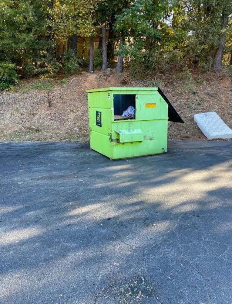 A green dumpster is sitting on the side of the road.
