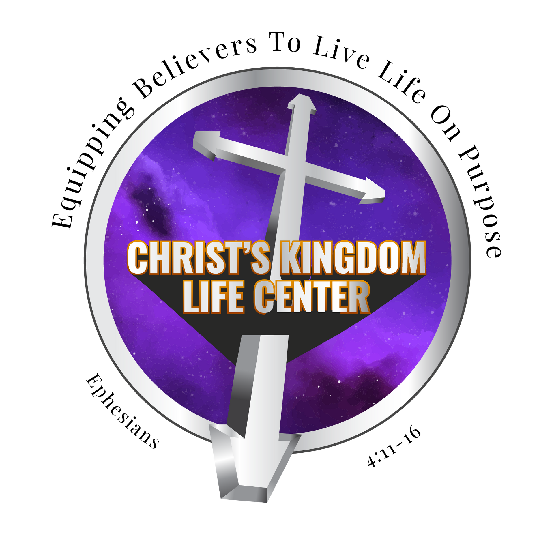 Logo for Christ's Kingdom Life Center: silver cross over purple galaxy, text: "Equipping Believers...Purpose."
