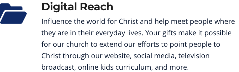 Digital Reach graphic: Blue folder icon, text about extending church efforts through website, social media, etc.