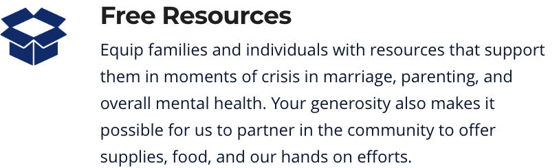A blue open box icon and text describing free resources for families experiencing crises.