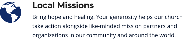 Text about Local Missions, with a globe icon, and a description of bringing hope and healing.