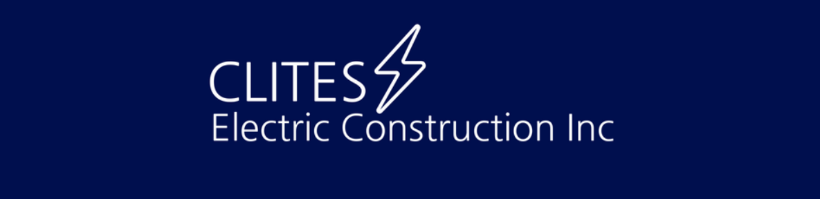 The Clites Electric Construction Inc logo features white text and a lightning bolt icon on a dark blue background.