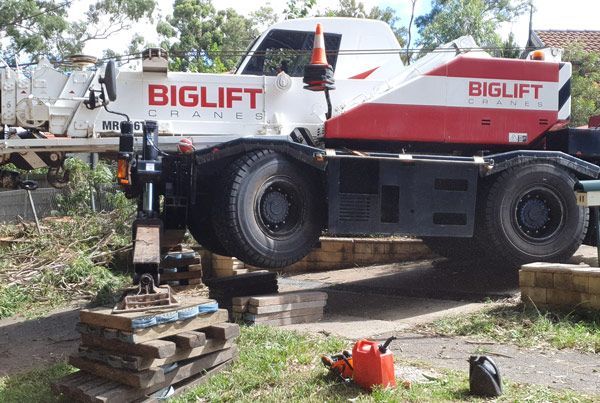 A biglift truck is parked in a grassy area