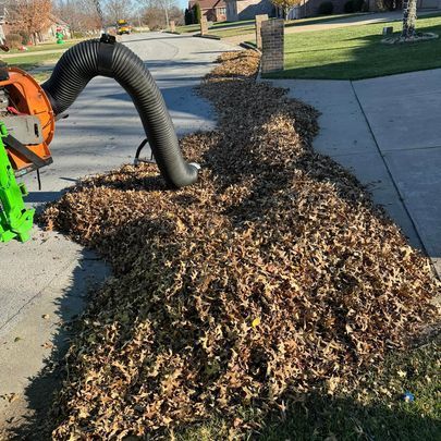 A pile of leaves is being blown by a vacuum cleaner.