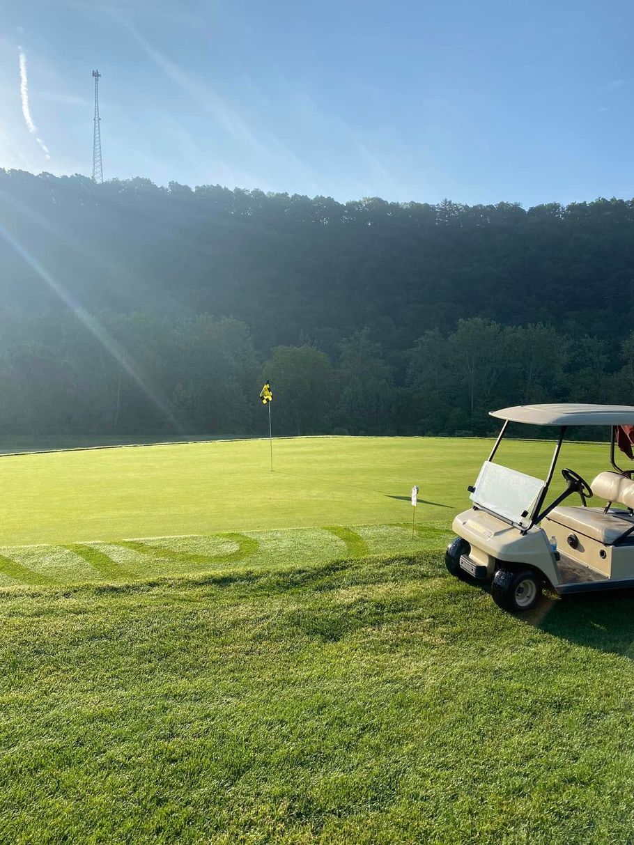 Golf course scene with a golf cart, flag, and green grass under a bright blue sky and treeline backdrop.