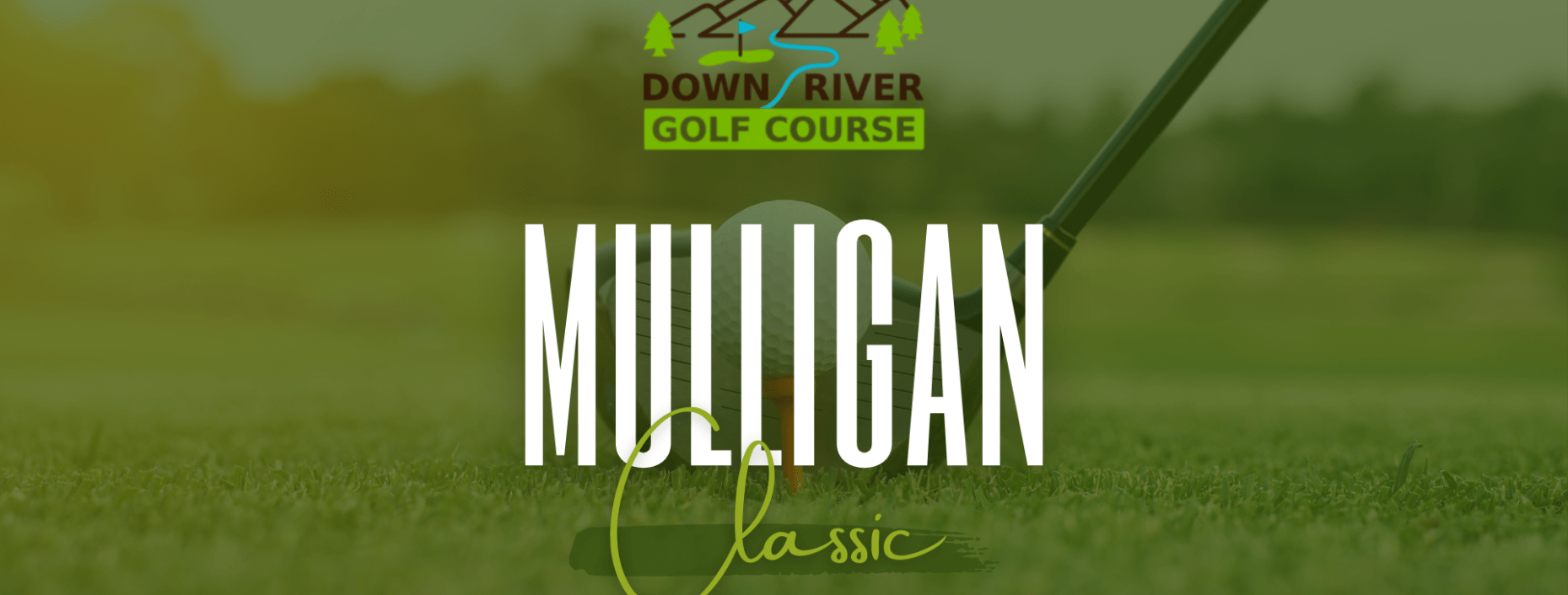 Golf ball and club on green grass, with text