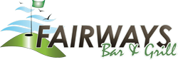 Logo for Fairways Bar & Grill with golf elements: green golf course, blue waves, and black text.