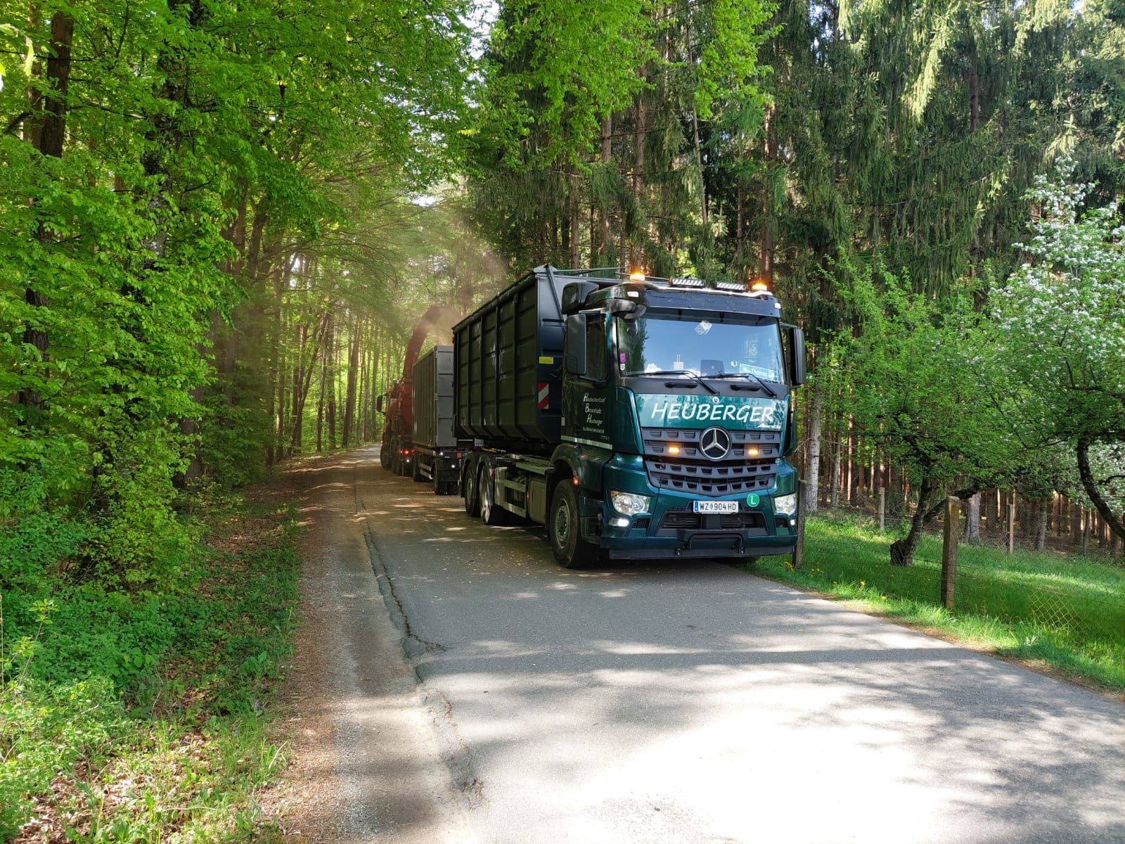 Ein grüner Lastwagen fährt auf einer schmalen Straße durch einen Wald, die von Bäumen gesäumt ist.