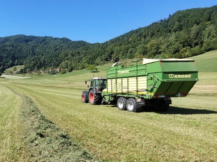 Ein Traktor zieht einen grünen Krone-Ladewagen auf einem Feld und erntet vor der Kulisse einer Bergkulisse Feldfrüchte.