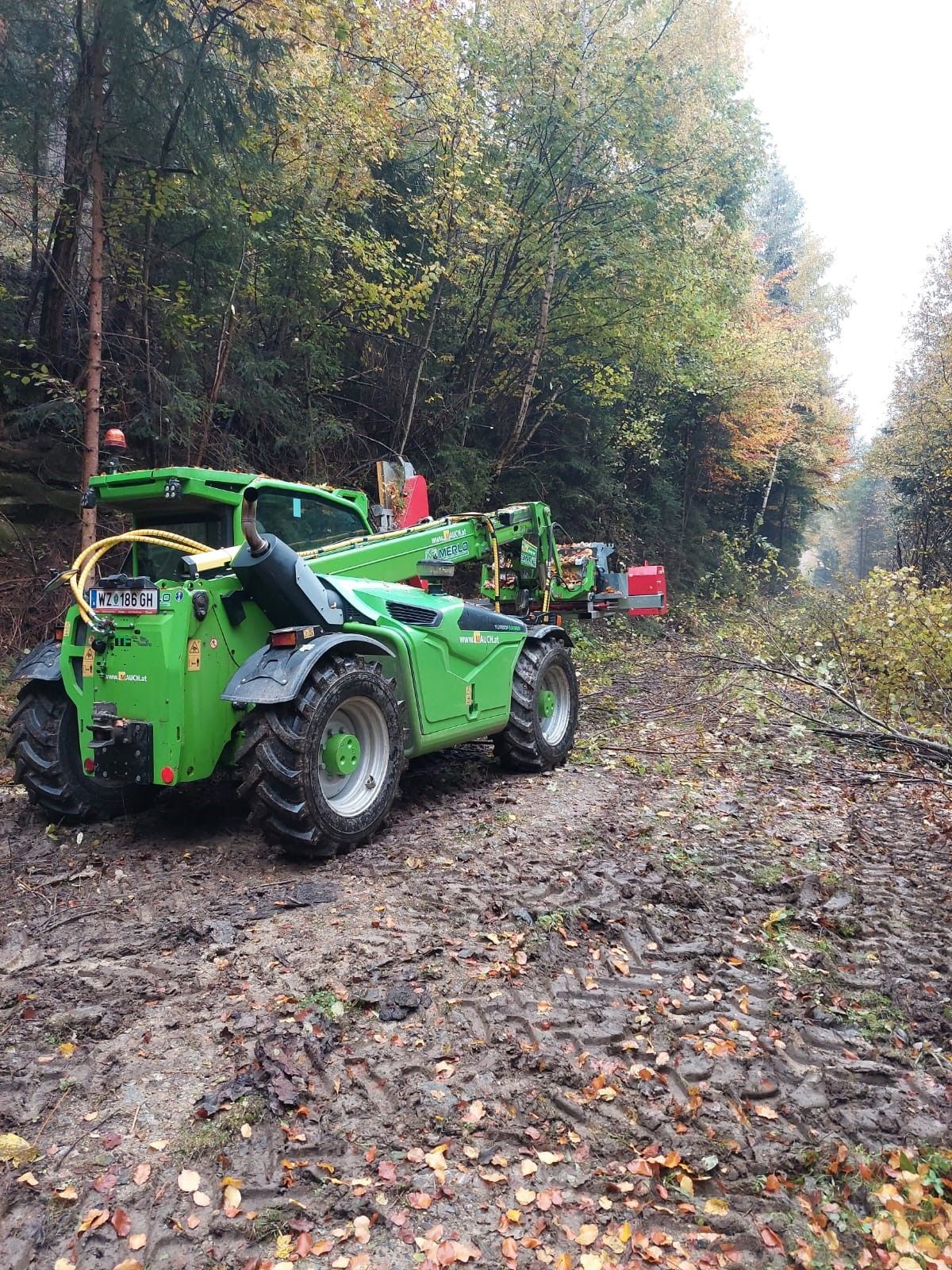 Grüner Teleskoplader auf einem matschigen Waldweg beim Räumen von Geröll; Herbstlaub und Bäume sind zu sehen.
