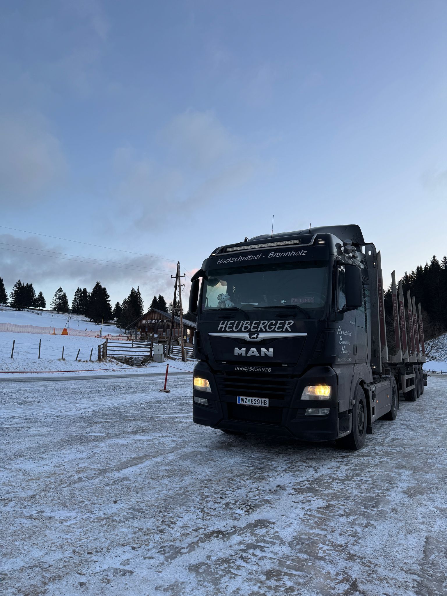Schwarzer MAN-Lkw mit Baumstämmen auf einer schneebedeckten Straße unter bewölktem Himmel.