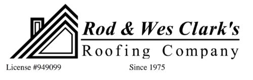 The logo for rod and wes clark 's roofing company has a red roof.
