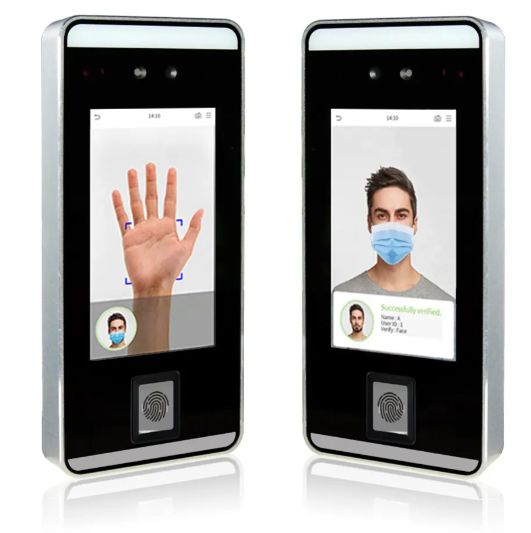 Two biometric access control devices showing hand and face scans for identification.