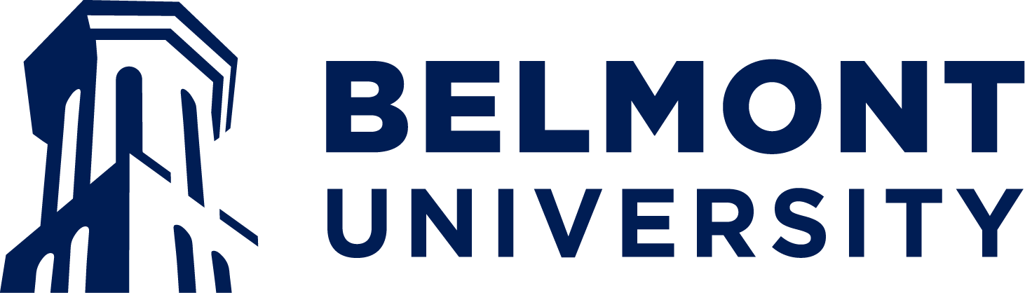 Belmont University logo with a dark blue building and text.