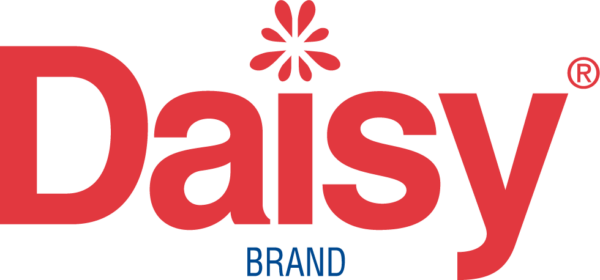 Daisy Brand logo in red with daisy design and 