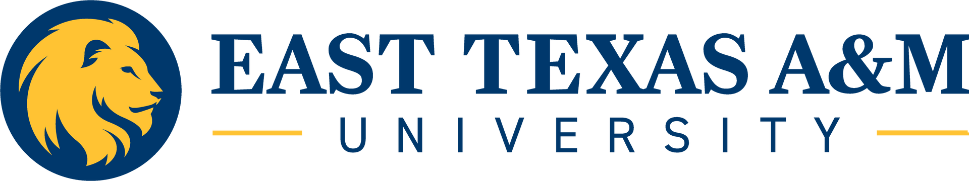 Logo of East Texas A&M University; a blue circle with a yellow lion's head in it, with dark blue text on the right.