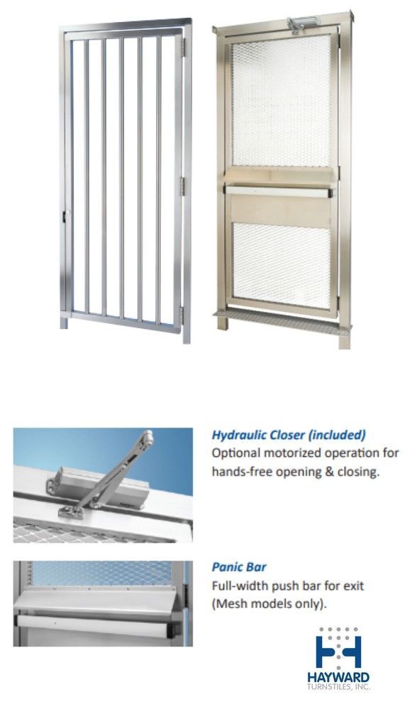 Two metal pool gates, one open, one closed, with a closer and panic bar details.