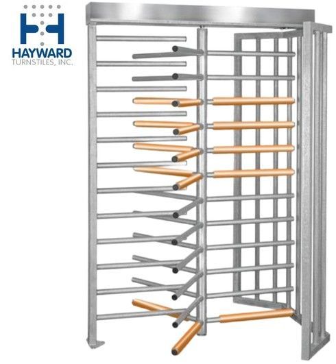 Full-height turnstile gate; stainless steel with rotating arms, likely for access control.
