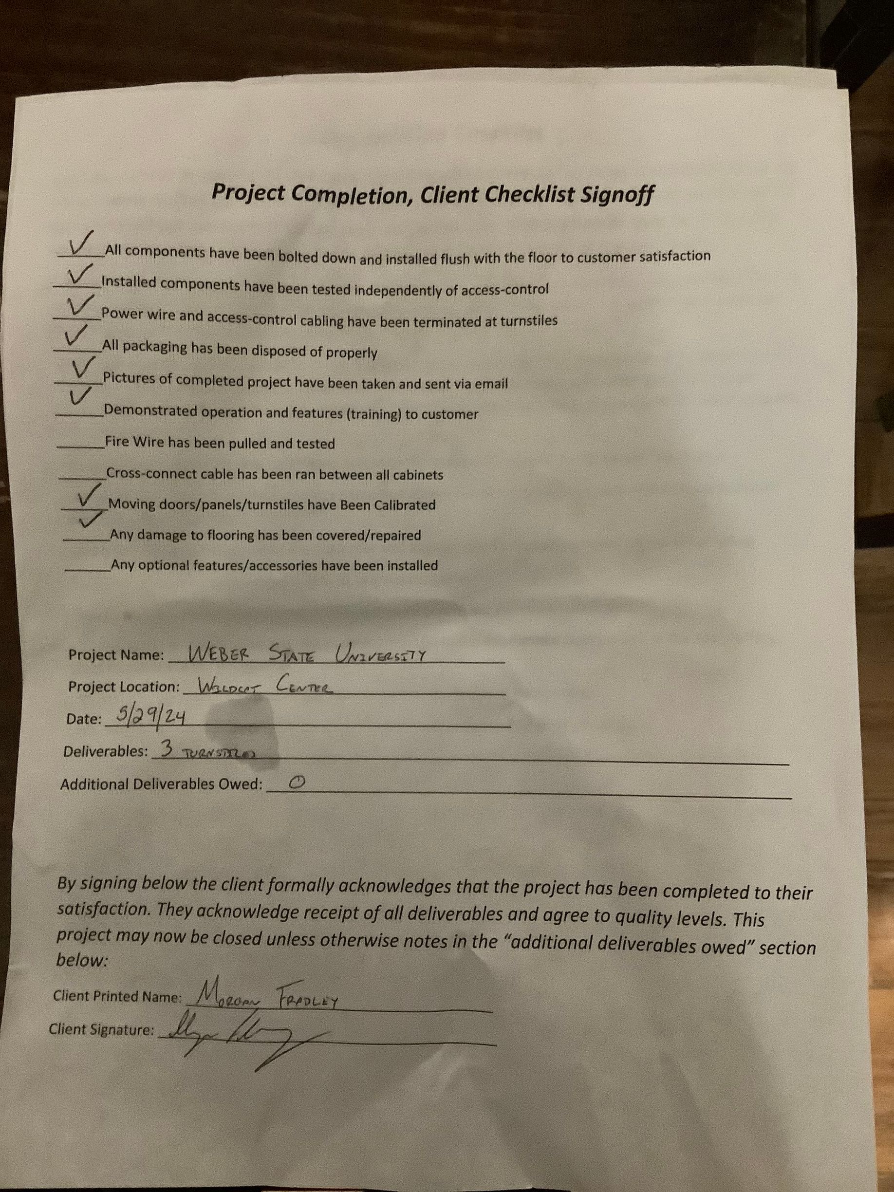 Project Completion, Client Checklist Signoff for Weber State University