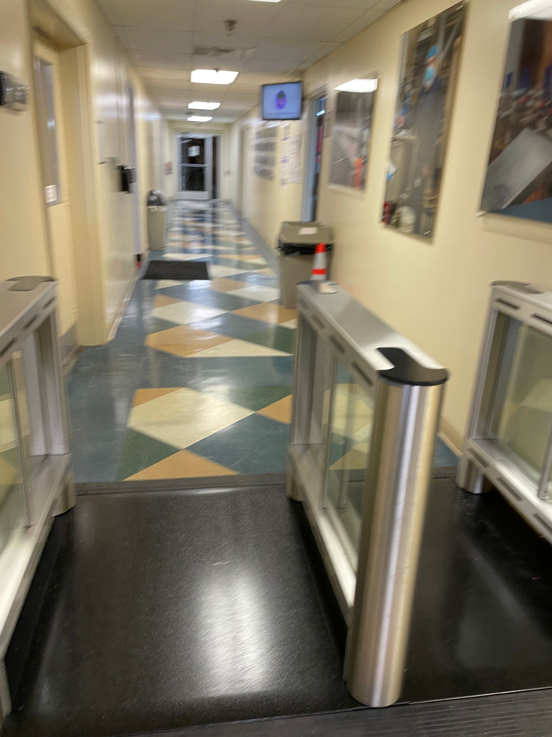 Hallway with security turnstiles, patterned floor, and artwork on the walls.