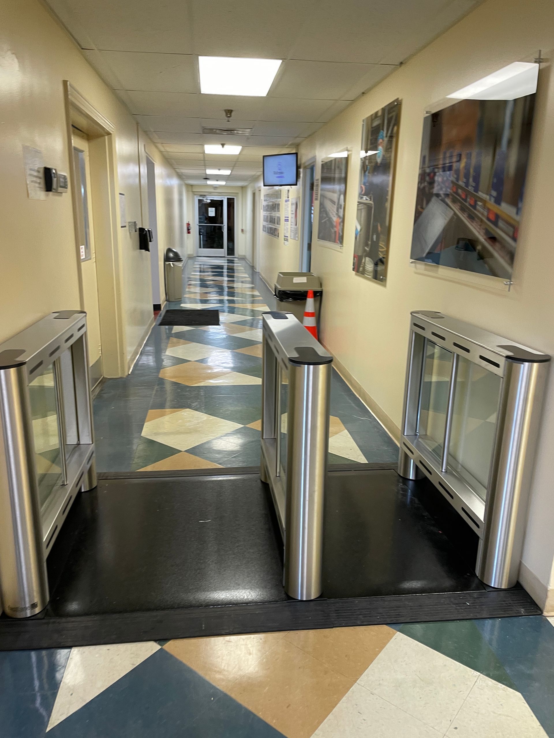 Hallway with turnstiles, art on wall, and patterned floor.