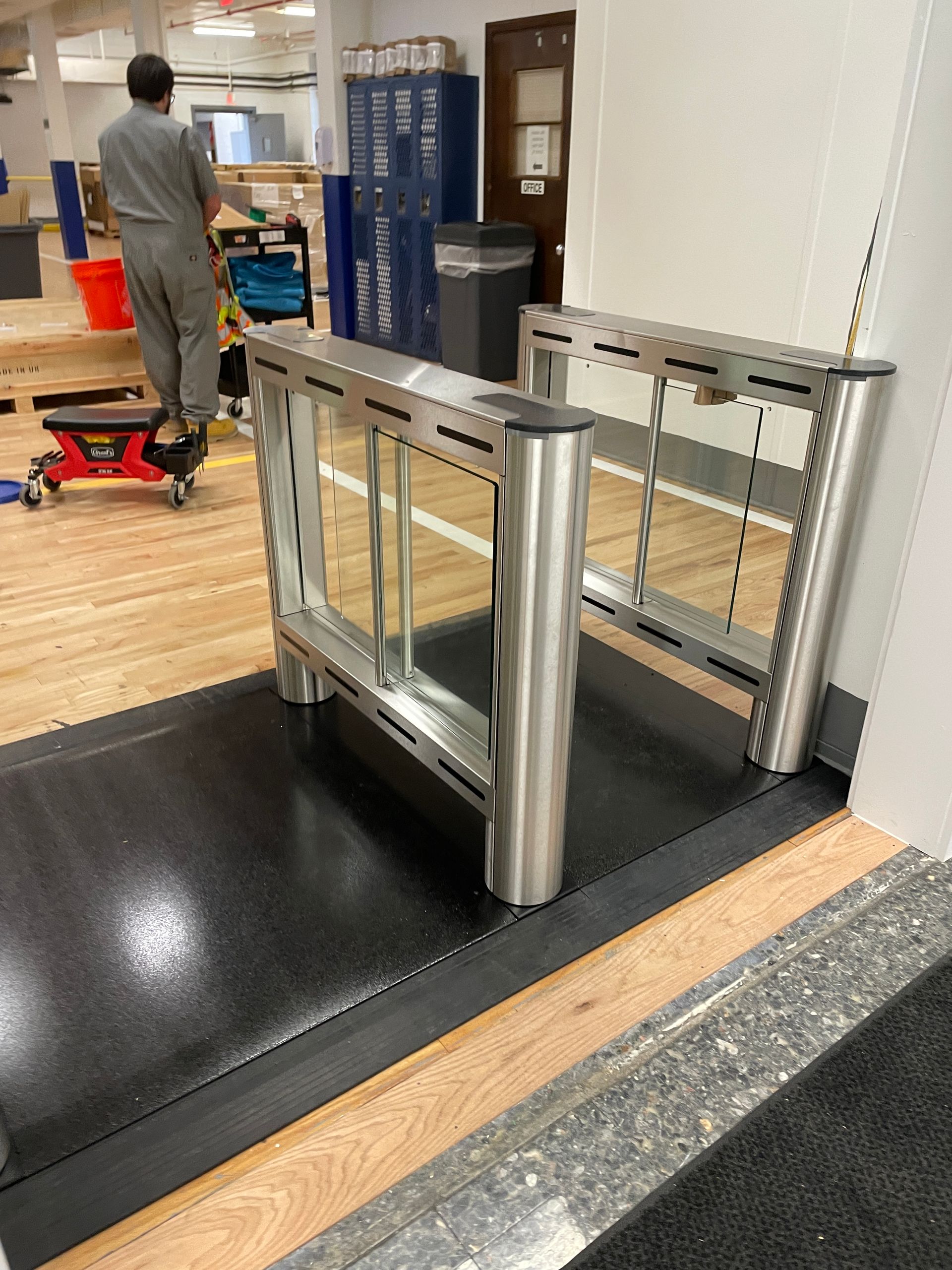Turnstile with glass panels. 