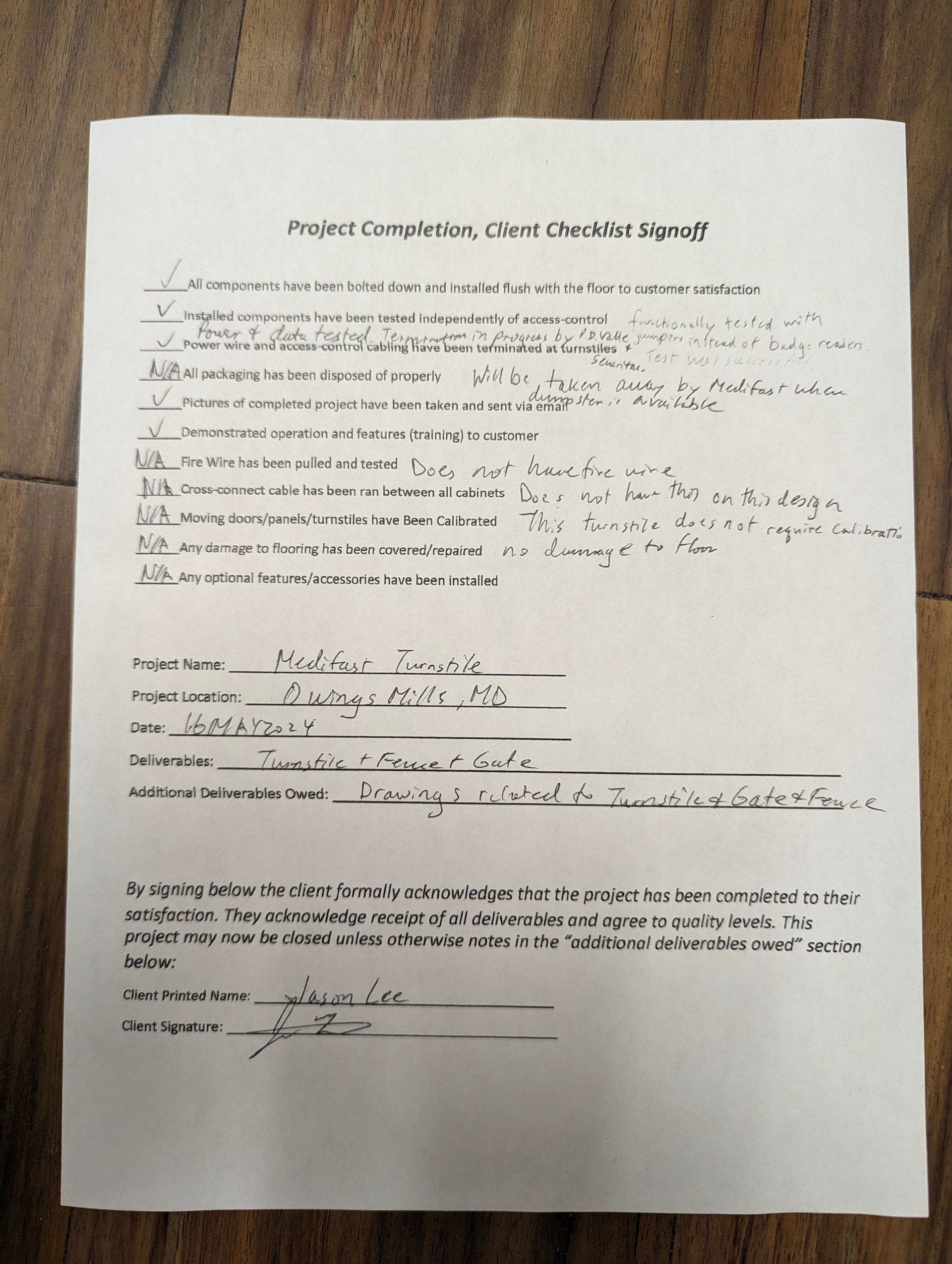Project Completion Client Checklist Signoff